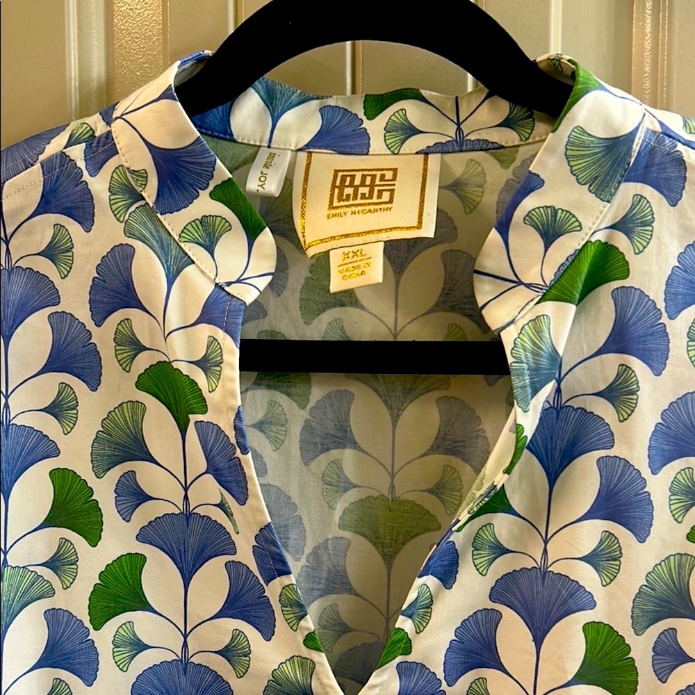 Emily McCarthy Blue and Green Graphic Long Sleeve Blouse with Notched Collar